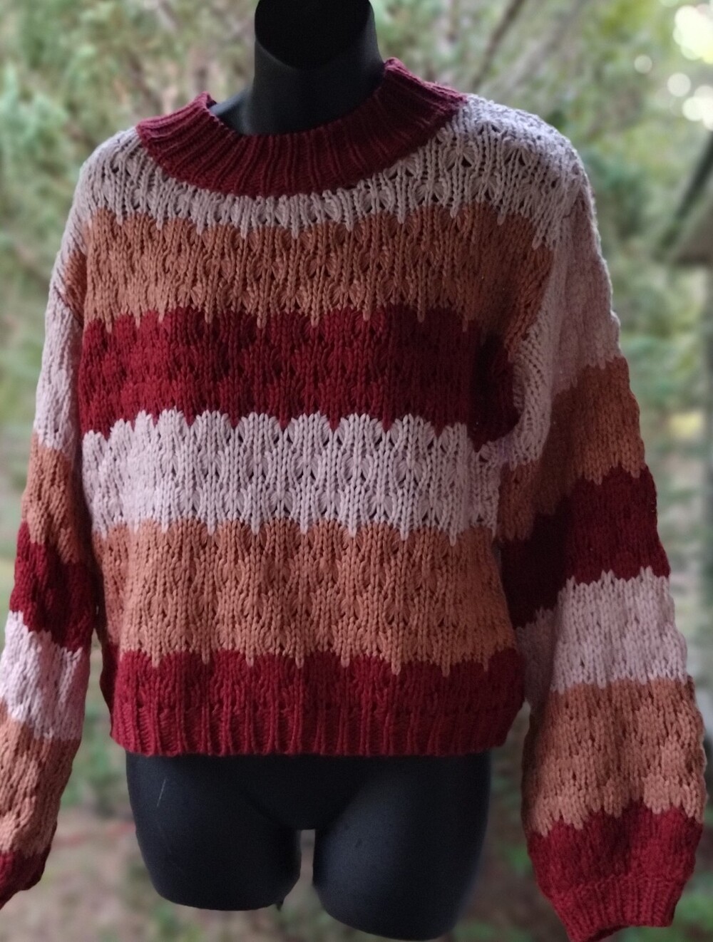 Altar'd State Striped Cable Knit Crew Sweater in Rust, Pink, and Deep Red